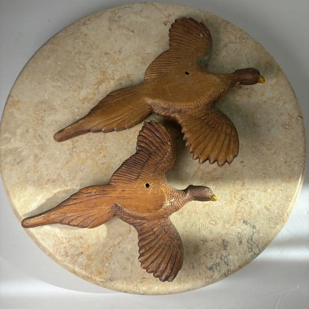 Vintage Pheasant Wall Decor Set of 2 Brown Flying Bird Wooden MCM Cabin Art